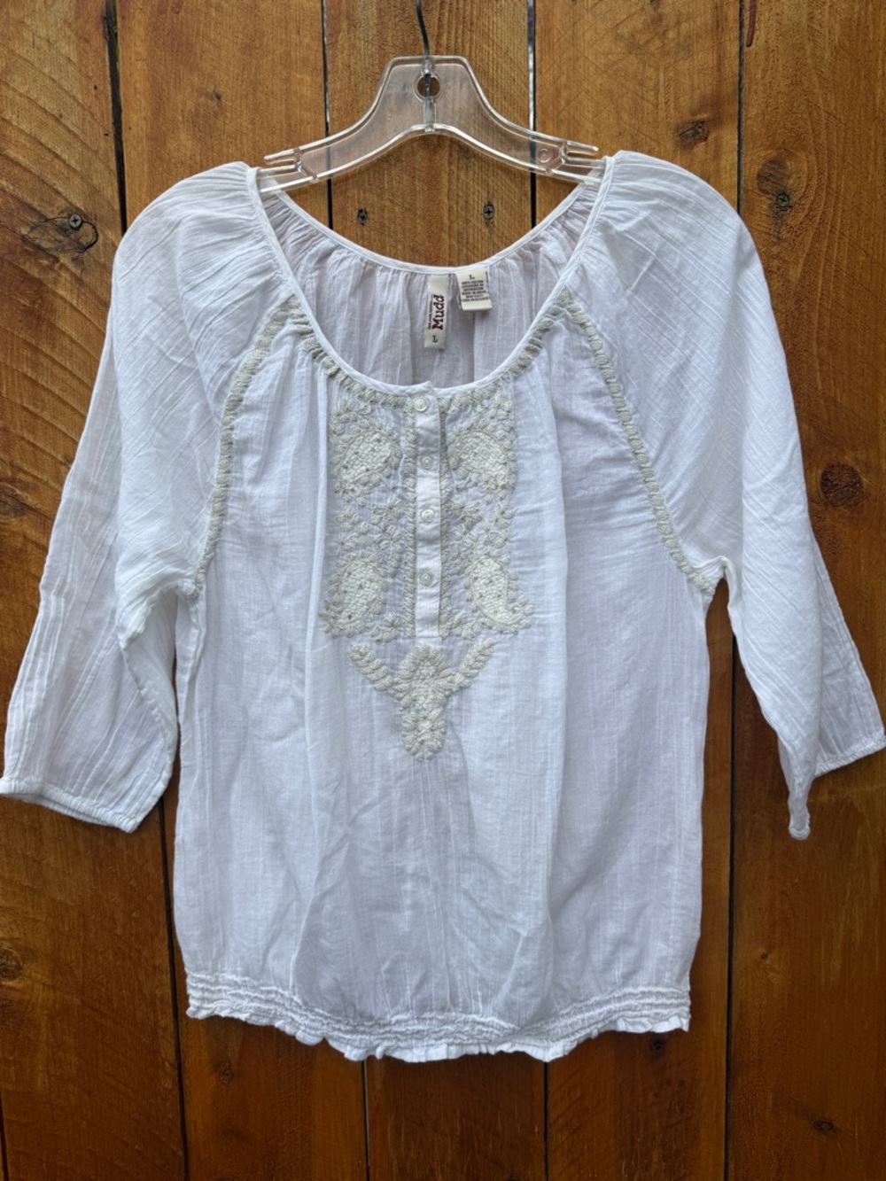 Mudd White & Silver Embroidery & Beads  Peasant Blouse 3/4 Sleeves - Large
